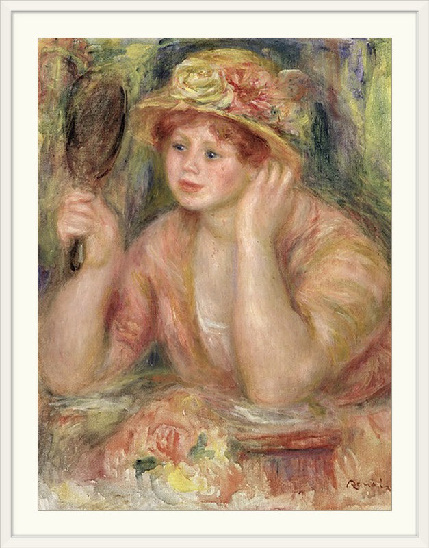 «Woman with a Mirror», vers 1915 par Pierre-Auguste Renoir - reproduction d'art, l 44 po x P 35 po x H 1 po, Cadre blanc