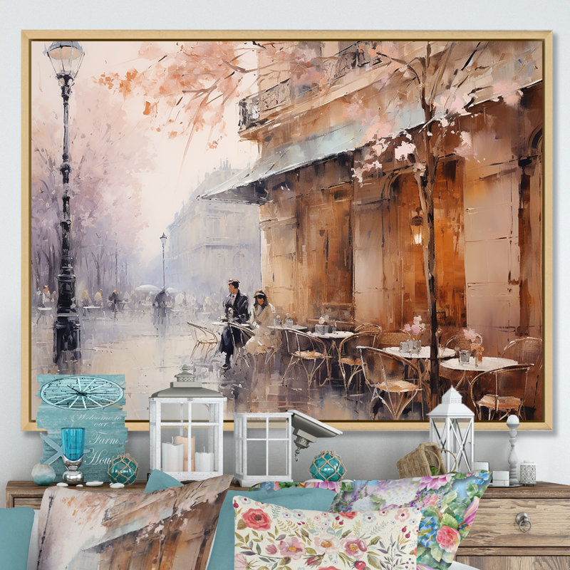 Peach Impressionist Cafe In Paris - Paris, impressions encadrées, H 24 po x l 32 po x P 1 po, Cadre naturel flottant