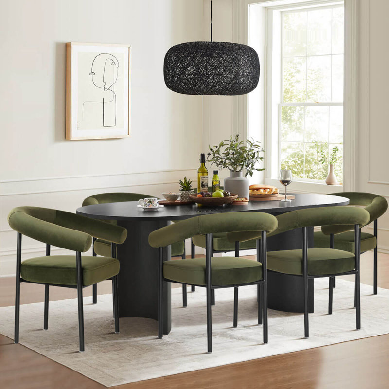 Modern Upholstered Dining Chair with Curved Arms, Green Velvet