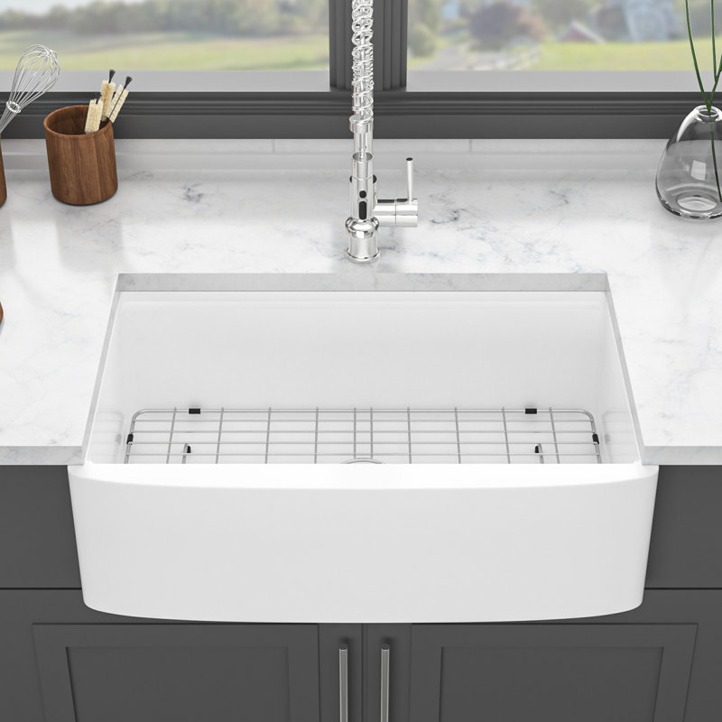 Station de travail en céramique blanche de 33 po pour la cuisine - et fiable, résistante aux égratignures, conception à rebord, surface tachée, évier à cuve profonde, comprend une grille de vaisselle en acier inoxydable 304, une crépine à panier,
