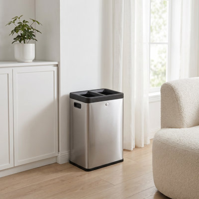 Poubelle à double compartiment 2 x 6,6 gallons - poubelle à couvercle ouvert pour les déchets et le recyclage, poubelle en acier inoxydable pour le bureau, le restaurant et l'utilisation commerciale, argent métallique