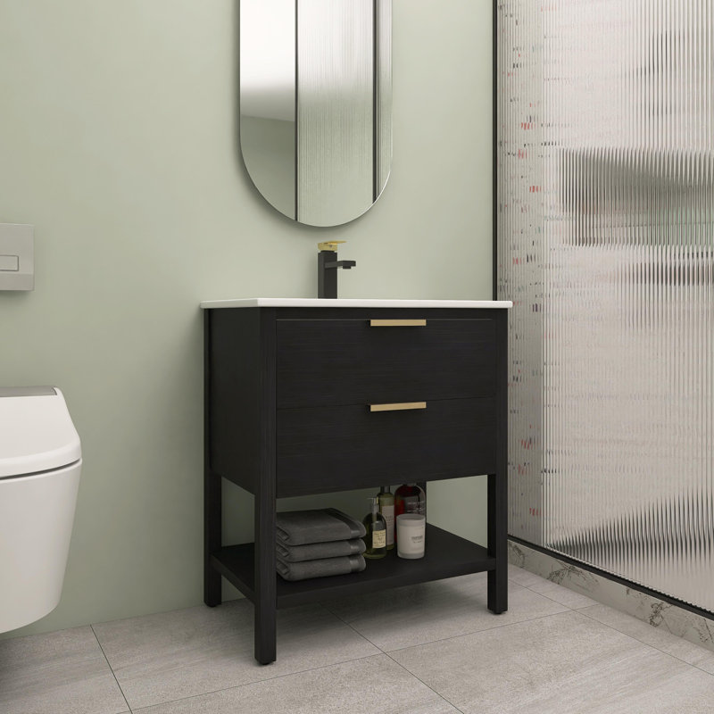 Ensemble de meuble-lavabo simple avec plateau 30,04 Nola, Noir châtaignier, Or