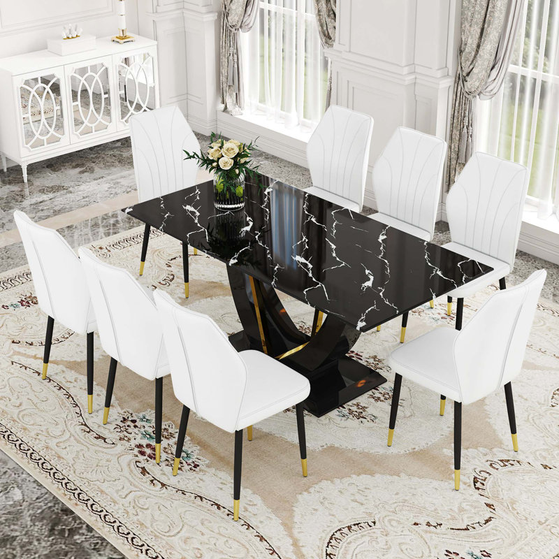 Ensemble de salle à manger en verre trempé à motif de marbre - avec 8 chaises en polyuréthane avec un dossier élargi, Blanc