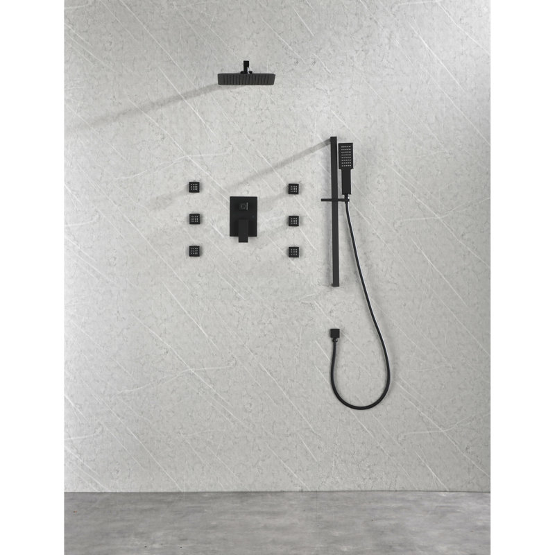 Matte Black Shower Outfit With 6 Body Spray Traits And Handheld Shower, Wall Mounted Qualities Hand System, Finish