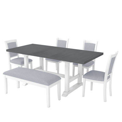Ensemble de table de salle à manger à tréteaux extensible 6 pièces avec rallonge amovible, ensemble de table de cuisine avec chaise d'appoint rembourrée et banc