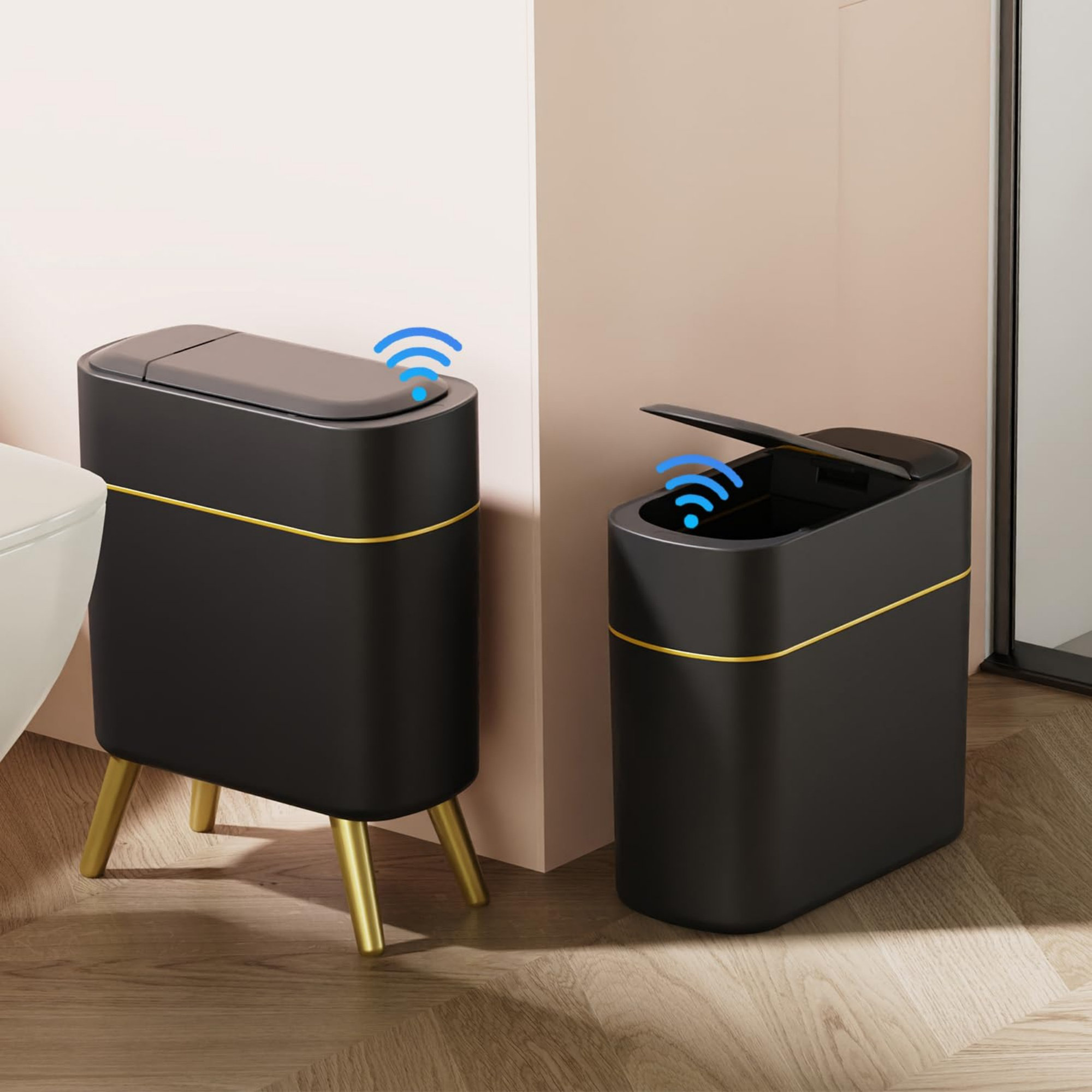 Manman Automatic Bathroom Trash Can With Lid, Motion Sensor Bathroom Garbage Can For Toilet, Slim Smart Waste Basket For Kitchen, Living Room, 2.5 Gallon, Black | Wayfair