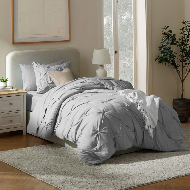 Ensemble d'édredon plissé avec draps Bed-in-a-Bag, Gris, Édredon simple très long + 4 pièces supplément