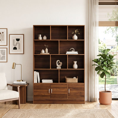70.87 Inch Tall Wood Storage Bookshelf with 3 Doors, Walnut Cube Organizer with 10 Cubbies, 4-Tier Open Shelf Cabinet for Home & Office