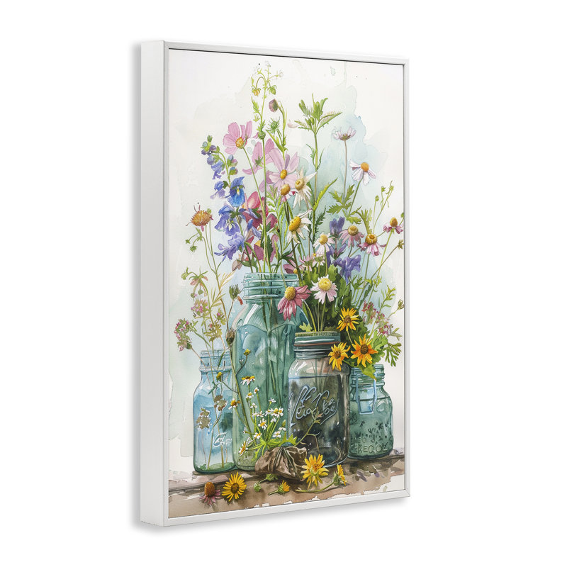  «Bright Garden Blooms Jars Giclee Art» par Franklyn Gregory, H 24 po x l 16 po, Estampe numérique encadrée blanc bord de mer