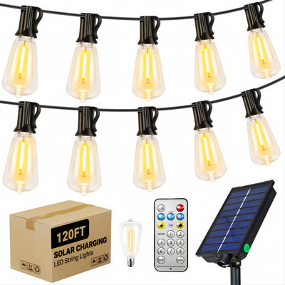 Guirlande solaire à énergie solaire St38 de 120 pi avec télécommande, 8 modes d'éclairage à l'épreuve des intempéries, incassable, 60 ampoules à filament DEL, grand panneau solaire de 11,5 x 13,5 cm pour le toit du jardin de la véranda