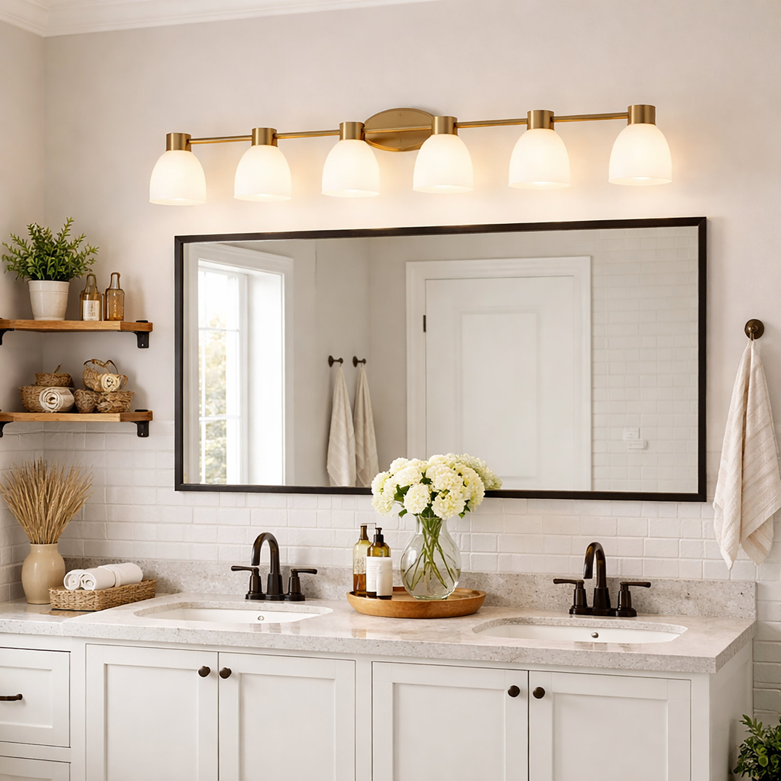 3-Light Brushed Brass Vanity Light with Acid-Etched Opal Glass Shades, Brushed Brass, 6