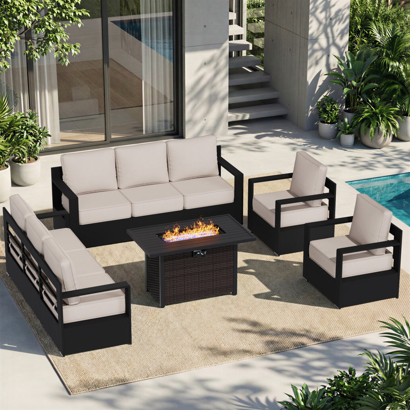 8-Person Aluminum & Iron Outdoor Lounge Set with Plush Cushions and Convertible Fire Pit Table, Beige, Black/Brown