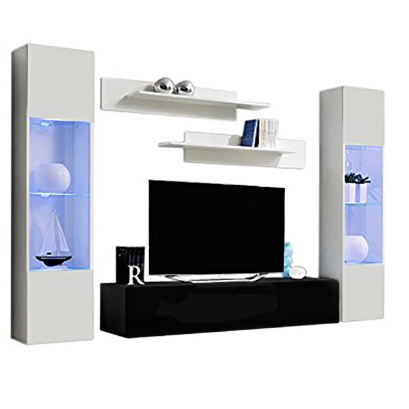 Volz 100" Modern Floating Wall Mounted Entertainment Center with 16-Color LED Lighting, High Gloss Finish, White/Black