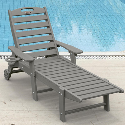 Wood Texture Lounge Chaise Outdoor Pool Lounge Chair Swimming Reclining Outdoor Chaise Lounge With Wheels & Cup Holder