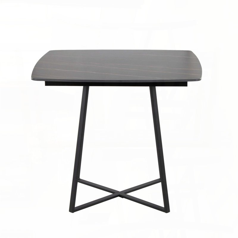 Table de salle à manger avec base en métal noir et plateau en céramique effet marbre noir, Plateau noir / base noire