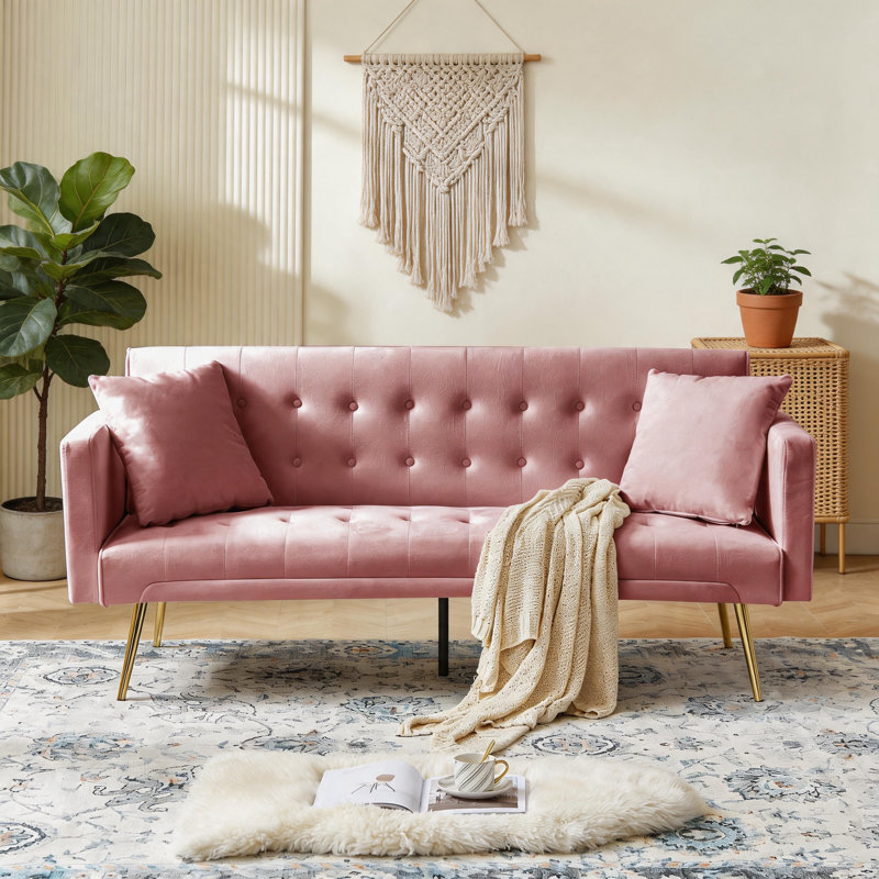 Pink Velvet Convertible Futon Sofa Bed, Tufted Sleeper Couch with Gold Legs for Living Room