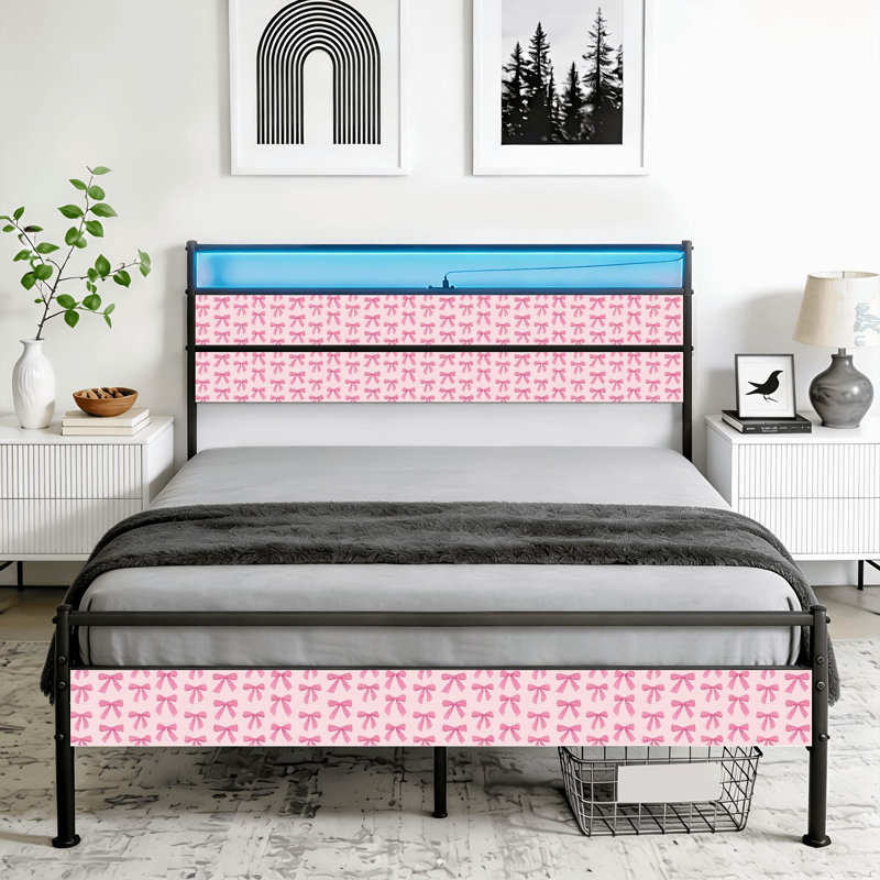 LED Light Bed Frame with USB & C Ports, 1000 LBS Weight Capacity, Platform Bed Frame with 8 Wooden Slats