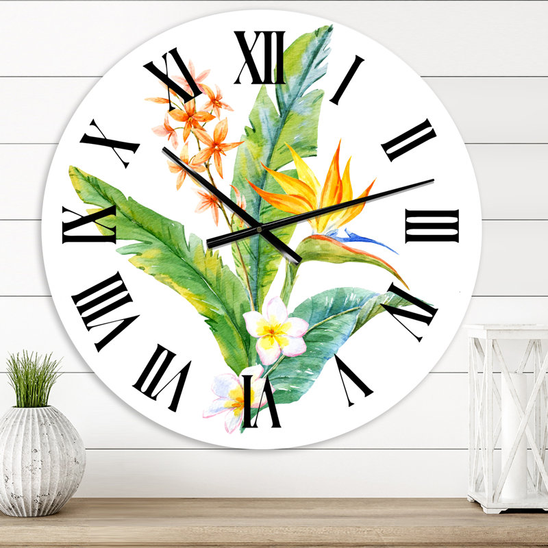 Fleurs tropicales jaunes avec feuilles vertes I - Horloge murale traditionnelle, Surdimensionné