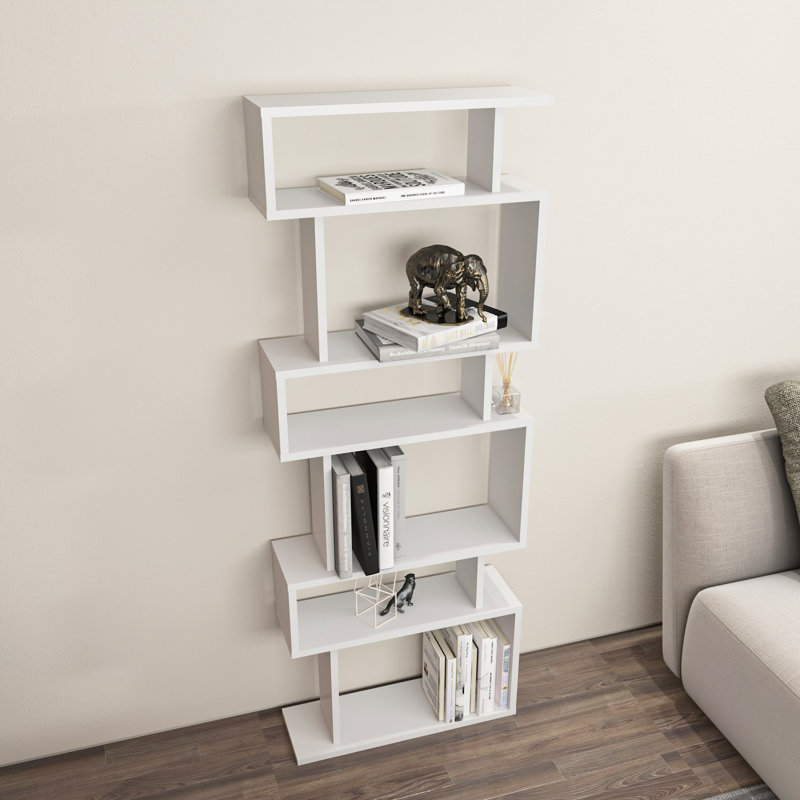 Tovan Modern Geometric Open Shelf Bookcase with Asymmetrical Design, White