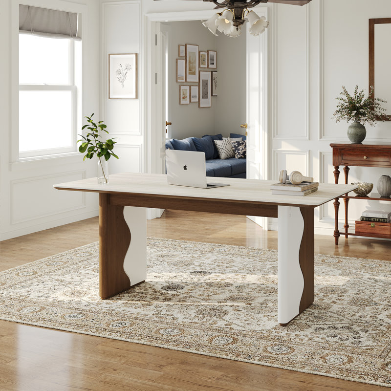 63" Modern Rectangular Writing Desk, Beige Sintered Stone Top, Meeting Desk With Solid Wood Legs