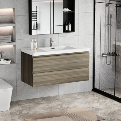 Meuble-lavabo de 42 po avec lavabo en résine, armoire gris cendré, lavabo élégant à tiroir, gris. Comptoir, tiroirs à fermeture en douceur. Option de rangement fonctionnel