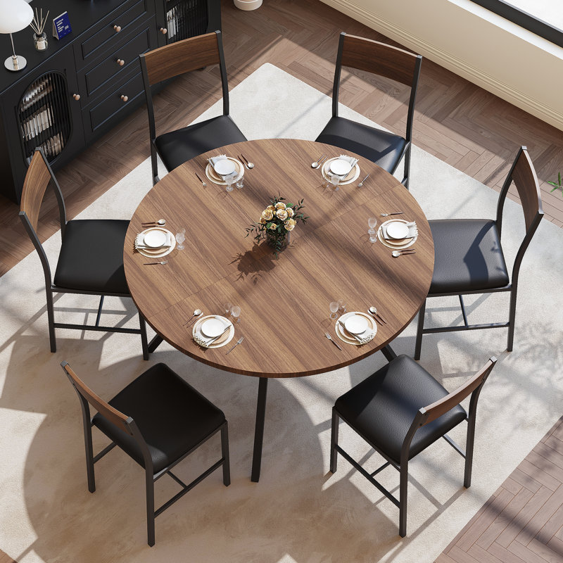 47' Round Dining Table Set With 34.5"H Dining Chair For 6 Person, 7 Pieces: Table, 6 Chairs, 30" H x 47" W x 47" D
