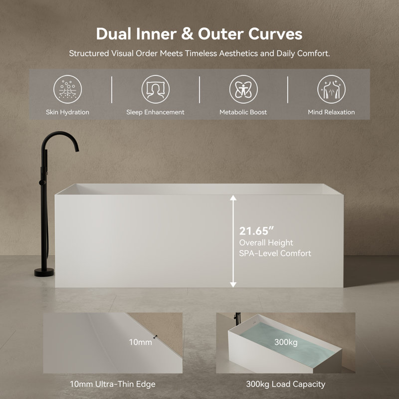 Baignoire de trempage blanche autoportante de 59 po x 27,5 po avec trop-plein et bonde escamotable pour salle de bain MonBlari