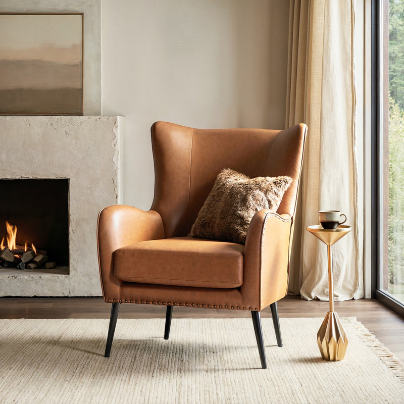 Atalyia 30'' Wide Wing Back Armchair, Camel Faux Leather
