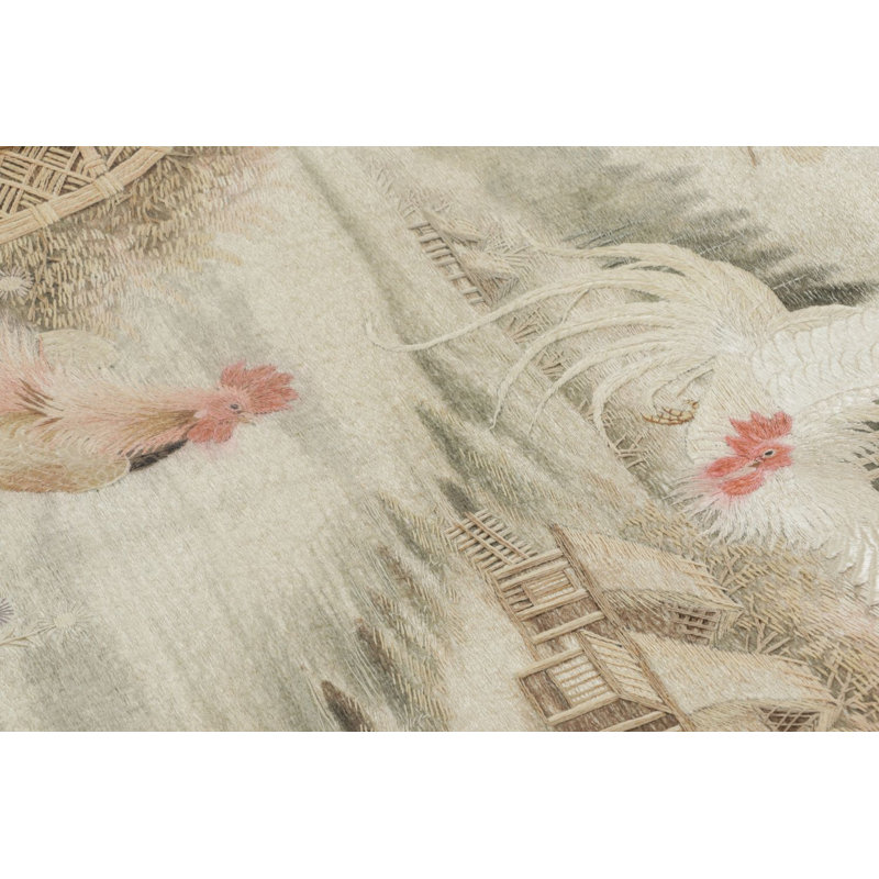 Antique Japanese Pictorial Tapestry With Rooster In Landscape - Rug & Kilim