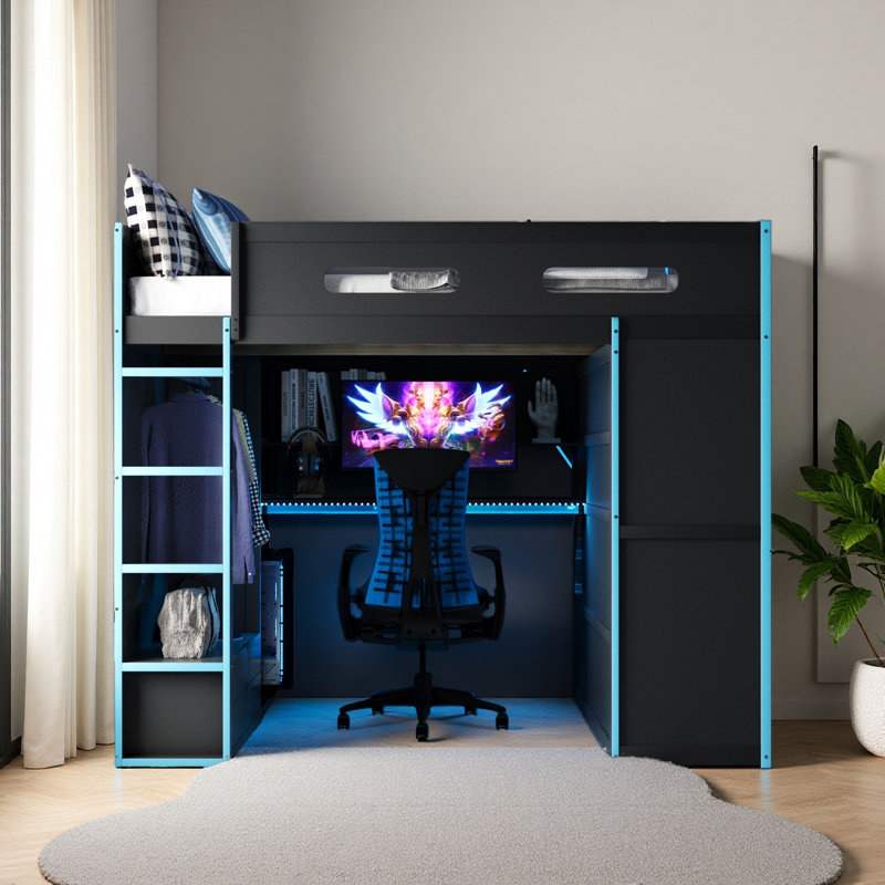 Lit mezzanine double en bois avec bureau, garde-robe, grand espace de rangement et lumière RVB, Bleu
