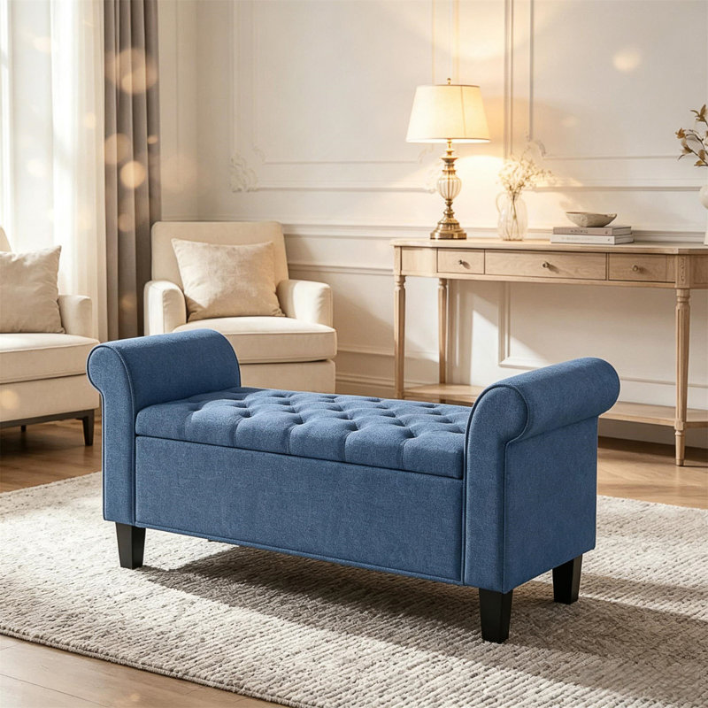 Banc de rangement rembourré de 47 pouces avec accoudoirs roulés et charnière de sécurité, Bleu, Bleu