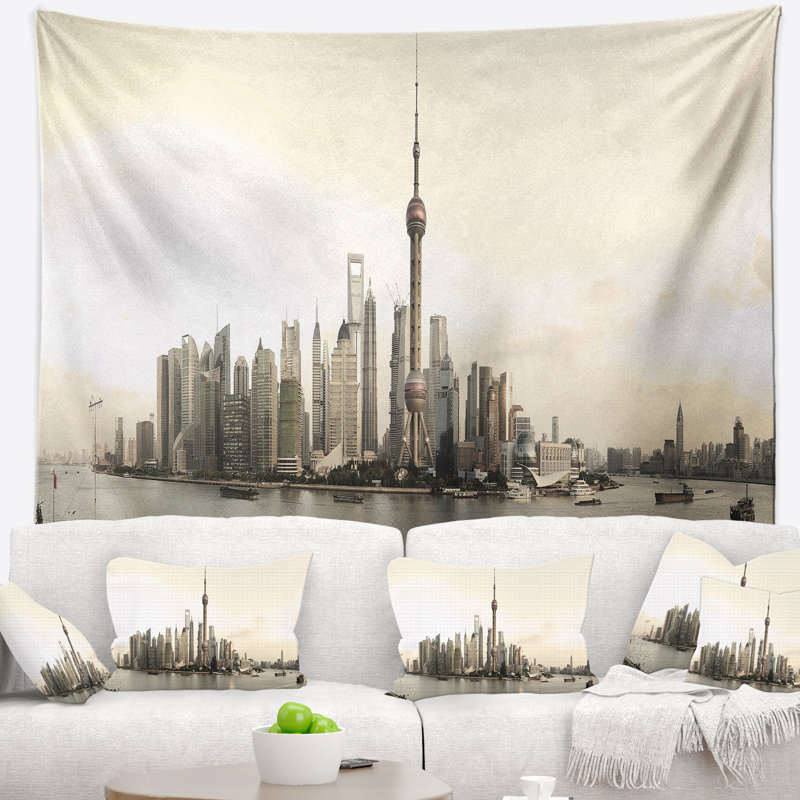 Photo tapisserie d'architecture moderne de shanghai Cityscape, H 32 po x l 39 po