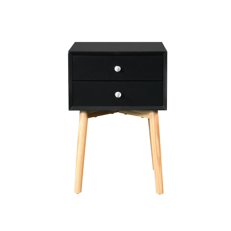 Table de chevet 2 tiroirs avec pieds en bois d'hévéa, rangement noir Mid-Century et armoire, Noir