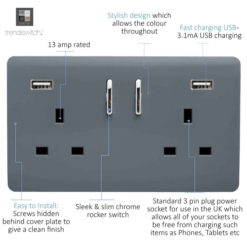 Trendi Switch 2 Gang USB 3100mA Plug Socket, Warm Grey