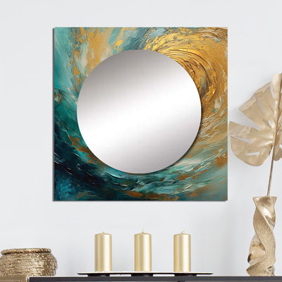 Golden Ocean Spiral Waves Peinture III - Miroir carré abstrait à spirales
