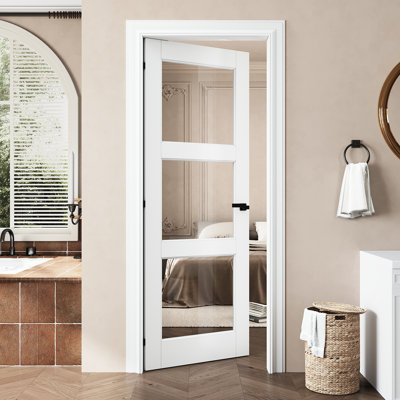 Dalle de porte intérieure en verre transparent de 28 po x 80 po 3-Lite, comme porte pré-suspendue ou porte de grange ou porte de poche ou porte française ou dalle de porte coulissante pour garde-manger, buanderie, chambre à coucher, blanche et imperméable, panneau de porte sans trou ou charnières