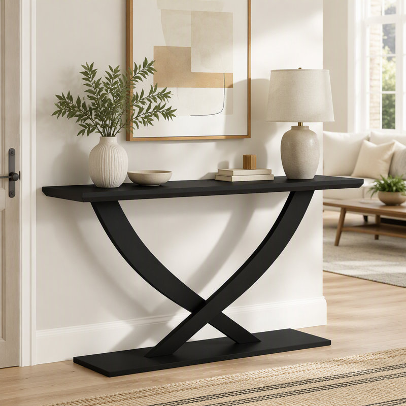 Console rustique moderne Mirod avec piètement croisé, construction robuste et grande surface, idéale pour le salon ou la chambre.