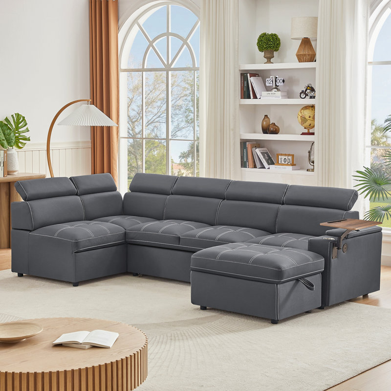 Canapé modulaire en tissu avec repose-pieds avec rangement, Tissu gris