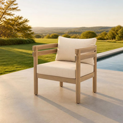 Fauteuil club d'extérieur en bois massif avec coussins hydrofuges, fauteuil de patio robuste avec accoudoirs ergonomiques, siège résistant aux intempéries pour véranda de jardin, grande capacité de poids, patins réglables pour les planchers inégaux