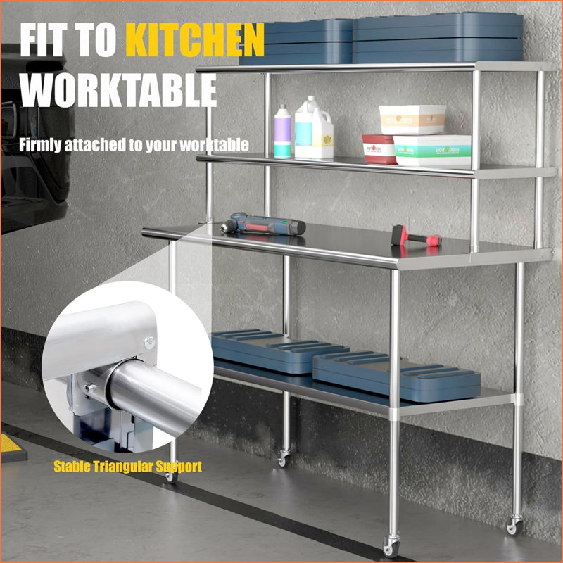 Double tablette 12 po x 60 po en acier inoxydable - capacité de 400 lb, rangement de cuisine peu encombrant, facile à nettoyer