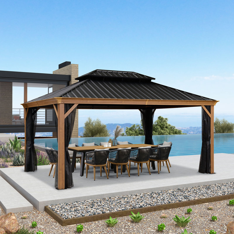PURPLE LEAF Hardtop Gazebo for Patio Wood Grain Galvanized Steel with Netting, 12' X 16'