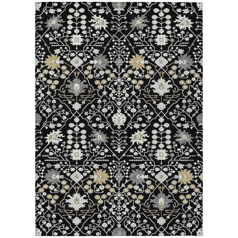 Black Synthetic Flat Woven Rectangular Washable Area Rug 5' x 7'