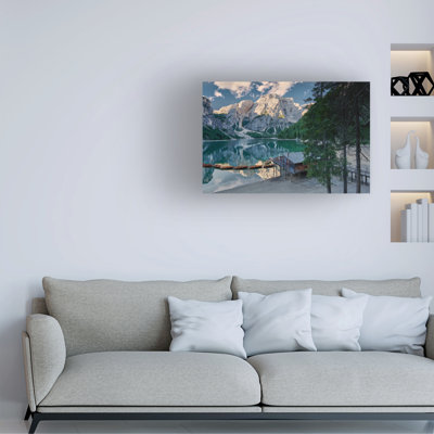 Wrapped Canvas Wall Art - Jon Evan 'Lago Di Braies Boathouse' Wall Art for Living Room, Bedroom, or Office Décor  - 16x24