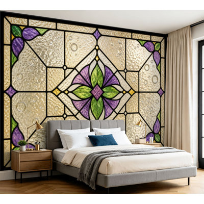 Wall Mural Peel and Stick Wallpaper Stained Glass effect Window High boho purple mexican Self-Adhesive Removable Contact Paper Wall Decor for Living Room Bedroom 100"H x 144"W