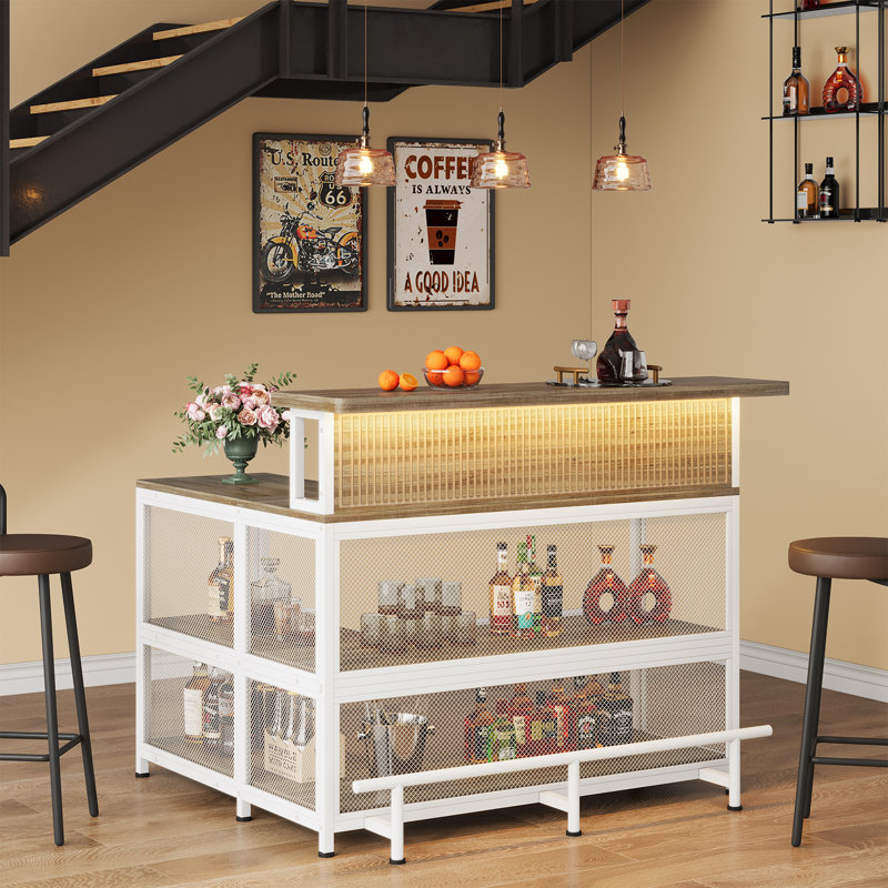 L-Shaped Home Bar Unit With Stemware Racks And LED Light, Bar Table With Storage