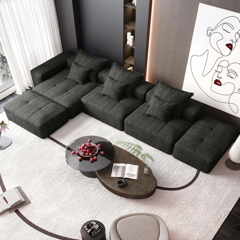 Canapé modulaire Boneless Modern 6 pièces avec 6 coussins pour une combinaison polyvalente et un salon confortable, Noir
