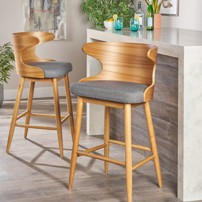 Mid-Century Bar Stool Pair, Gray Fabric Cushion, Strong Rubberwood Structure, 41 Of 2 Chairs, Look, Upholstery, Robust Rubberwood, 41" H