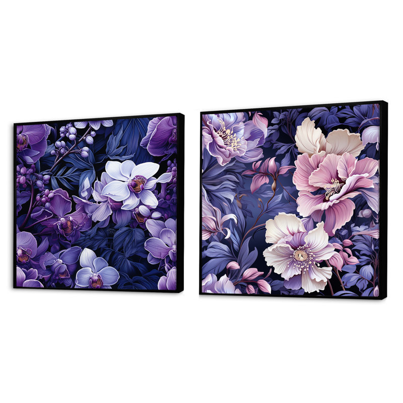 Clabern - Ensemble de 2 collages carrés floraux, Cadre flottant noir, H 30 po x l 61 po