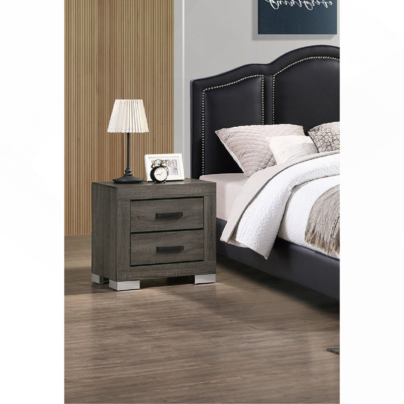 Table de chevet 2 tiroirs en bois avec poignées noires en aluminium