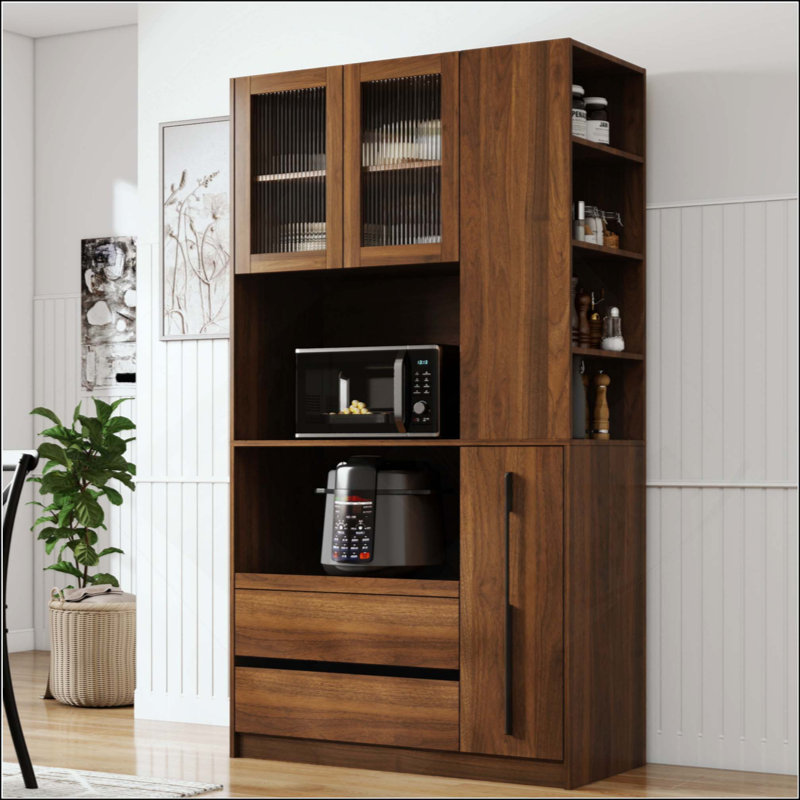 Grand garde-manger avec étagère de rangement coulissante multifonctionnelle, étagère latérale à 4 niveaux, 2 tiroirs, avec porte vitrée, cloche à nourriture autoportante avec support à micro-ondes pour la salle à manger
